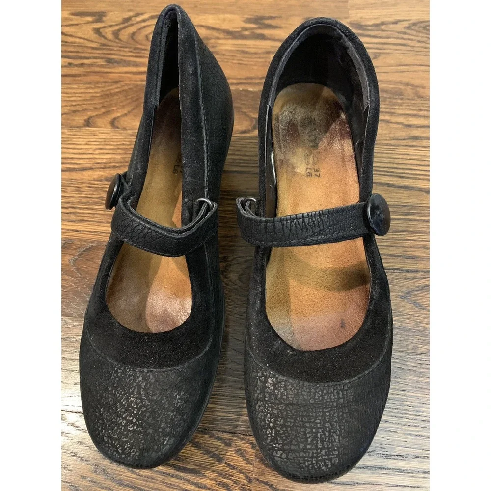 Naot Mary Jane Women Size‎ 37 Black Leather Suede Block Heel Comfort Shoes